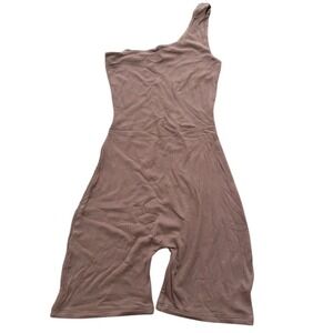 Naked Wardrobe Microrib One-Shoulder Romper Cocoa Brown Bodysuit Size L  NWOT